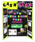Educational display board titled 'Gas N' Glow How Neon Signs Work' with visual guides and bright neon text.