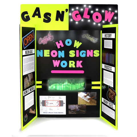 Educational display board titled 'Gas N' Glow How Neon Signs Work' with visual guides and bright neon text.