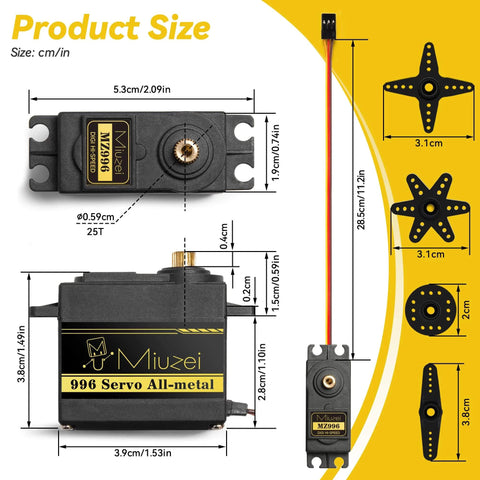Size chart and components of MG996R 55g Metal Gear Torque Digital Servo Motor for RC hobby use, shown in close-up view