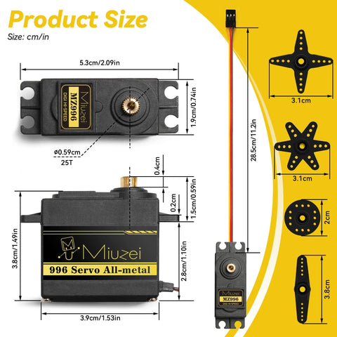 MG996R Metal Gear Digital Servo Motor dimensions and parts for RC projects, detailed view of size and gear components.