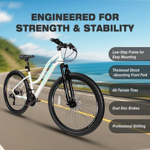 Women’s 26 Inch Mountain Bike For Adults With Shimano Rear Derailleur And Twist Grip Shifter 21 Speed Shifting Dual Disc Brakes Lockout Suspension Two Point Three Five Inch Tires Steel Frame Eighty Five Percent Preassembled White on road