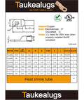 Technical specifications for Taukealugs copper battery cable lugs with dimensions and heat shrink tubing details for auto wiring.