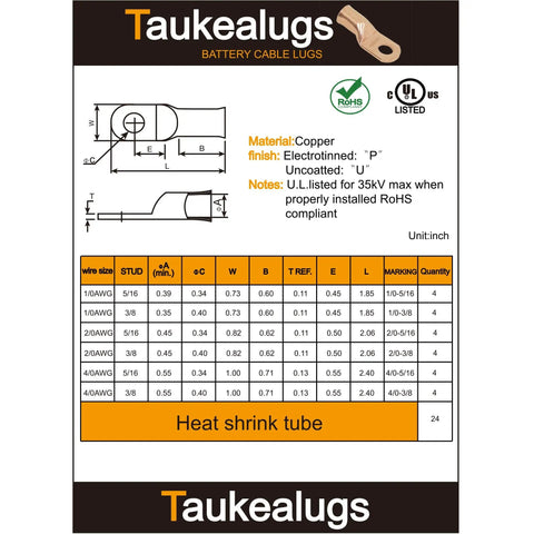 Technical specifications for Taukealugs copper battery cable lugs with dimensions and heat shrink tubing details for auto wiring.