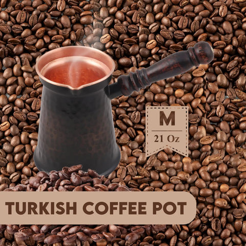 Antique Copper Turkish Coffee Pot with Wooden Handle for Authentic Cezve Ibrik Briki Brewing, medium size, 21 oz