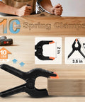 Heavy Duty Balloon Arch Clips Set, 10 Pcs 4.5 Inch Plastic Spring Clamps on woodworking table showing size and strength