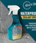 Deep Penetration Mica-Seal Concrete Spray Sealer For Outdoor Use bottle on wet concrete surface showing waterproof capability.