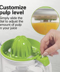 Hamilton Beach 34 Oz Electric Citrus Juicer With Silicone Gripper Lid Easy Press Juice Extraction showing adjustable pulp level slider.