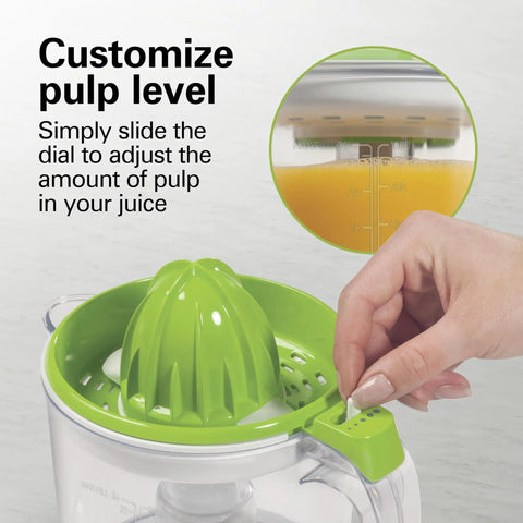 Hamilton Beach 34 Oz Electric Citrus Juicer With Silicone Gripper Lid Easy Press Juice Extraction showing adjustable pulp level slider.
