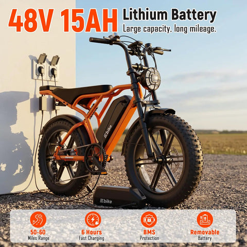 Solid Ride Adult Electric Bike With Upgraded 48V Removable Battery And Dope 1500 Watt Peak Motor designed to zip around suburbs, parked with battery.