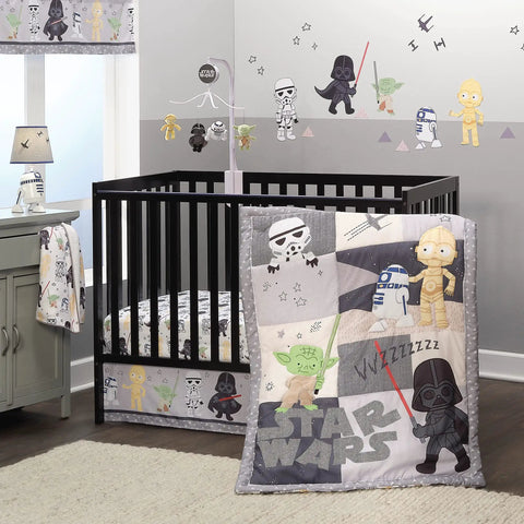 Star Wars Wall Decals Set Featuring Yoda Darth Vader R2 D2 C3PO Stormtrooper And TIE Fighters Create A Custom Mural That Really Pops In Any Kids Room Easy To Apply With Three Sheets And About 24 Pre Cut Pieces displayed in nursery with crib.