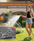 Woman using Retractable Garden Hose Reel With 100 Foot Hose, Heavy Duty Half Inch Burst Pressure 435 PSI, Wall Mounted Water Reel with spray