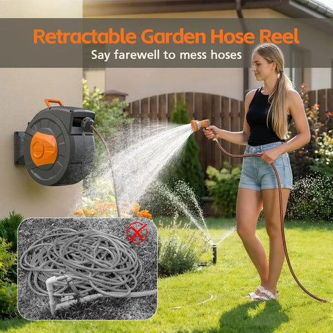 Woman using Retractable Garden Hose Reel With 100 Foot Hose, Heavy Duty Half Inch Burst Pressure 435 PSI, Wall Mounted Water Reel with spray