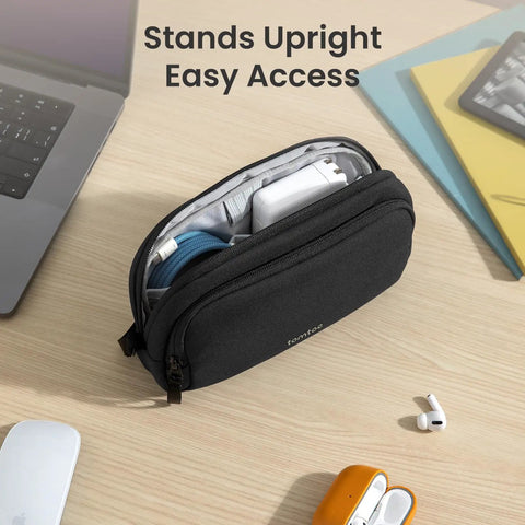 Water Resistant Dual Compartment Tech Pouch For Cables And Gadgets Grab And Go Cable Organizer Bag on a desk, open with items inside.