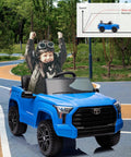 Toyota Tundra Licensed 12V Kids Ride On Truck With Realistic Grille, Brand Logos, And Kid Friendly Functional Pickup Bed, Electric Battery Powered Outdoor Adventure Car For Young Drivers. Blue 12V kids ride-on truck on outdoor track with smiling child.