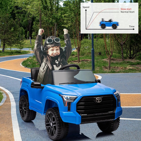 Toyota Tundra Licensed 12V Kids Ride On Truck With Realistic Grille, Brand Logos, And Kid Friendly Functional Pickup Bed, Electric Battery Powered Outdoor Adventure Car For Young Drivers. Blue 12V kids ride-on truck on outdoor track with smiling child.