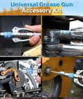 Grease Gun Coupler Kit With 2 Dual Lever Tips, 90 Degree Adapter And 2 Needle Tips used on machinery fittings