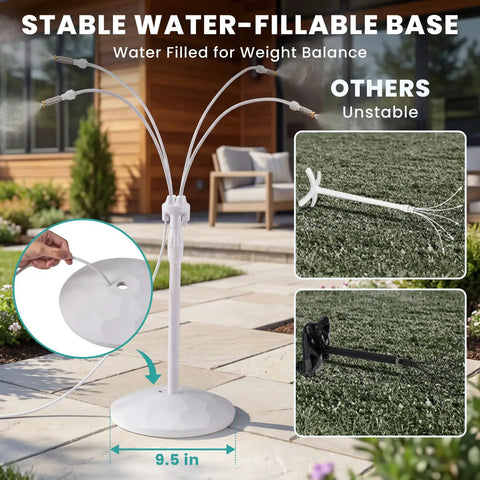 Standing Misting System With Fillable Base, 26.2Ft Water Line, Adjustable Height Outdoor Mister in garden setting.