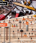 Before and after of a garage organized with Heavy Duty Garage Hooks Set 30 Pack With Anti Slip Coating