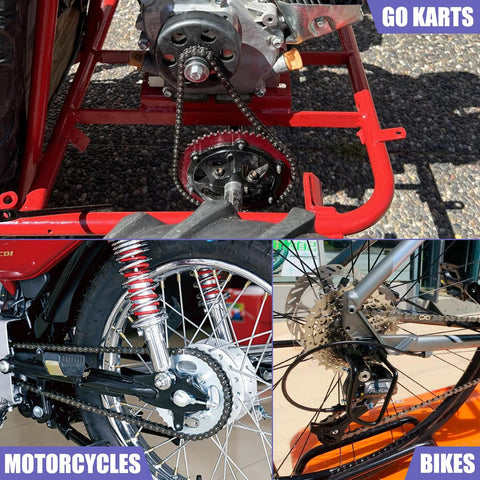 Go-kart roller chain with master link; shown on kart drive, motorcycle rear sprocket, and bicycle drivetrain