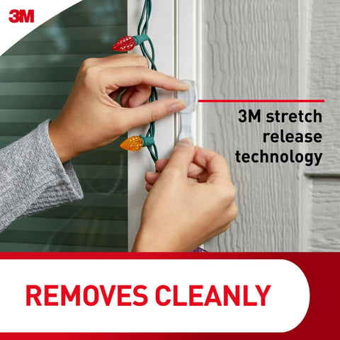 Installing Clear Outdoor Light Clips 4 Pack With 64 Clips And 80 Adhesive Strips for no-drill string lights, using 3M technology.