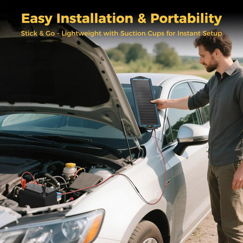Person using 12V Solar Battery Charger And Maintainer Kit With Waterproof Portable Panel And Built In Charge Controller on car