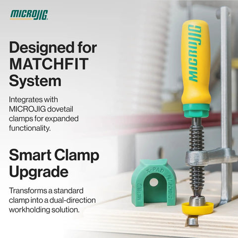 Matchfit X Pad Accessory For Dovetail Clamps Four Piece Set Dual Direction Hold Down Upgrade For Woodworking Jigs Routing Sanding And Workholding Enhancement In Shop Projects And Fabrication. installed on dovetail clamp