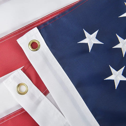 Close-up of 5x8 Ft US Flag For Outdoor Use High Wind With Embroidered Stars And Sewn Stripes Brass Grommets Built To Last In Any Weather