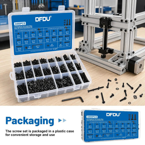 The Whole Shebang M3 Hex Socket Screw And Cap Head Bolt Assortment Kit With Matching Nuts And Washers 3400 Piece Metric Fastener Bundle in plastic case.