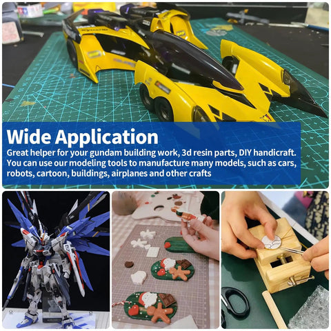 Images of wide applications with 40 Piece Model Tools Kit For Gundam Building And Repair, including car, Gundam model, and craft assembly.
