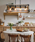5 Light Rustic Farmhouse Linear Chandelier For Kitchen Island And Dining Room 27 Inch Wood And Metal Pendant Light Over Table
