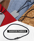 Hella Sturdy Black Cotton Hang Tag Strings With Quick Click Snap Lock Pins 200 Pack For Clothing Price Labels shoe straps and luggage loops shown on various fabrics.