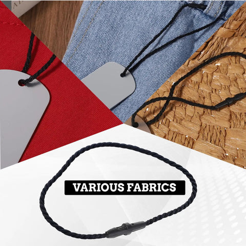 Hella Sturdy Black Cotton Hang Tag Strings With Quick Click Snap Lock Pins 200 Pack For Clothing Price Labels shoe straps and luggage loops shown on various fabrics.
