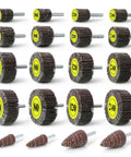 Twenty Piece Flap Wheel Sanding Kit With Quarter Inch Drill Shank for Smoothing Wood and Metal Surfaces showing various grit flap wheels.