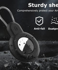 Waterproof Tracker Holder 4 Pack With Steel Cable Lock in black, shown with anti-fall and dustproof features, for Apple Find My compatibility.