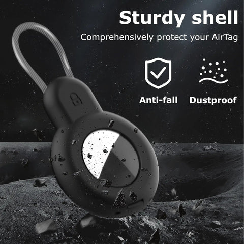 Waterproof Tracker Holder 4 Pack With Steel Cable Lock in black, shown with anti-fall and dustproof features, for Apple Find My compatibility.