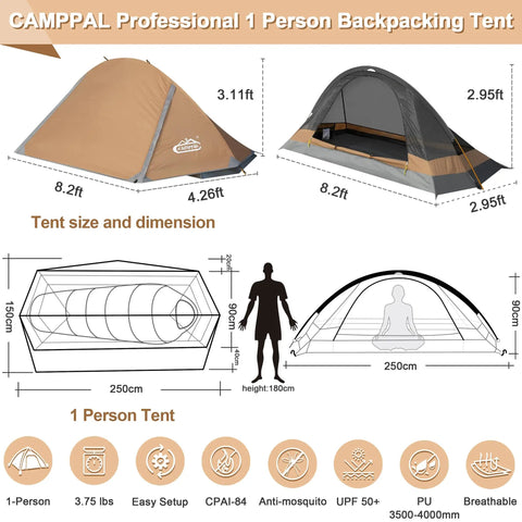 Lightweight 1 Person Tent For All Seasons, Windproof, Rainproof And Waterproof Camping Tent dimensions and features diagram