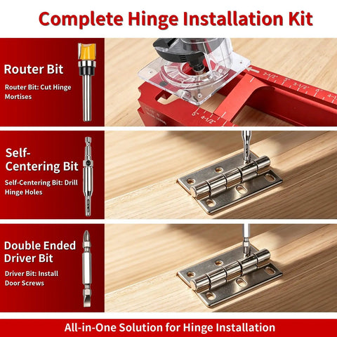 Complete Hinge Installation Kit featuring router bit, self-centering bit, and driver bit for precise hinge setup.