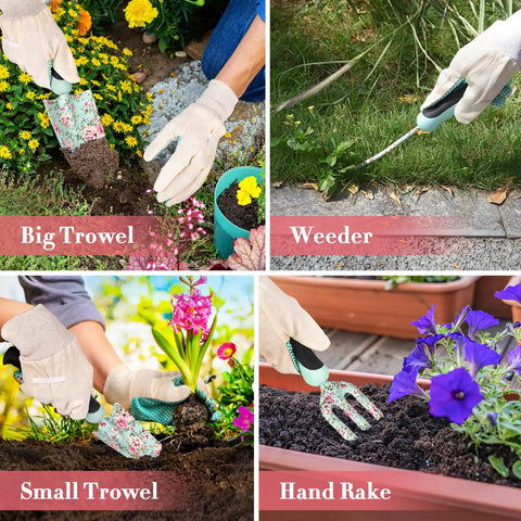Gardening tools in use with floral handles; includes big trowel, weeder, small trowel, and hand rake from 11 Piece Floral Garden Tool Set With Non Slip Handles Heavy Duty Hand Tools Kit Includes Tote Gloves Knee Pad Sprayer And Towel Sweet Gift For Women Moms Birthday.