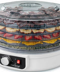 Professional Electric Food Dehydrator With Five Stackable Trays For Homemade Beef Jerky Dried Fruit And Vegetables, displaying drying layers of meat and fruits.