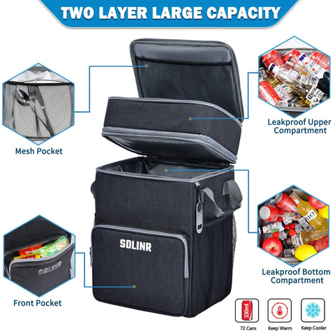 72 Can Large Rolling Cooler With Wheels And Telescoping Handle Collapsible Leakproof Insulated Soft Cooler Bag open showing mesh pocket, leakproof compartments and front pocket