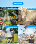 Four uses of Portable Misting System With Standing Frame 6000mAh Battery Powered Outdoor Mist Kit For Patio Beach Pool Camping 20L Reservoir Adjustable Height 4.9 Feet Stay Cool Leak Free Rust Proof Easy Setup