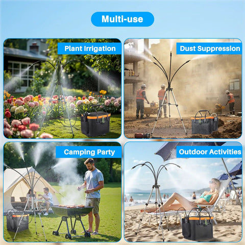 Four uses of Portable Misting System With Standing Frame 6000mAh Battery Powered Outdoor Mist Kit For Patio Beach Pool Camping 20L Reservoir Adjustable Height 4.9 Feet Stay Cool Leak Free Rust Proof Easy Setup