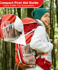 Woman outdoors carrying backpack with Pocket First Aid Guide For Everyday Carry EDC Waterproof Emergency Kit visible in mesh pocket.