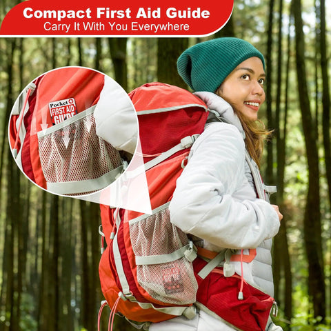 Woman outdoors carrying backpack with Pocket First Aid Guide For Everyday Carry EDC Waterproof Emergency Kit visible in mesh pocket.