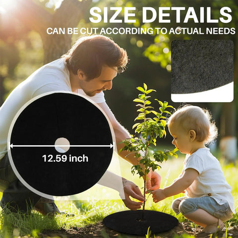 Man and child installing 13 Piece Tree Ring Mulch Mat Set for Garden Root Barrier Weed Control Non Woven Black Landscape Rings 12.6 Inch.