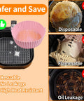 Three Pack Silicone Air Fryer Pots 7.5 Inch Basket Reusable Liner Food Grade Safe Silicone No Mess No Stress Cleanup Replacement For Parchment Liners For 3 To 4 Quart Air Fryers next to disposable and flammable paper liners in air fryer basket.