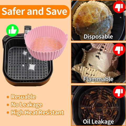 Three Pack Silicone Air Fryer Pots 7.5 Inch Basket Reusable Liner Food Grade Safe Silicone No Mess No Stress Cleanup Replacement For Parchment Liners For 3 To 4 Quart Air Fryers next to disposable and flammable paper liners in air fryer basket.