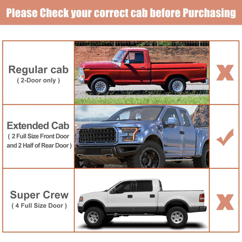 Image showing Ford truck models: regular cab, extended cab, and super crew. Highlights compatibility for Two Piece Rear Upper Left And Right Door Latch Release Cables Kit For Ford F150 Extended Cab 2004 2008 And Lincoln Mark LT 2006 2008 Replacement 8L3Z18264A00B 8L3Z18264A01B 6L3Z18264A01B.