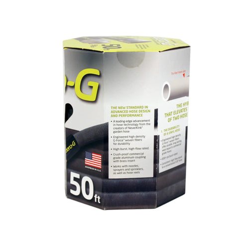 Packaging of Ultra Flexible Lightweight Garden Hose Five Eighth Inch By Fifty Feet, Kink Free And Durable, showing 50 feet length size.