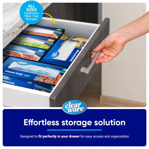 Opening drawer with Clearware 2 Gallon Storage Bags With Double Zipper Seal 60 Count Thick Resealable BPA Free Plastic Food Storage Bags